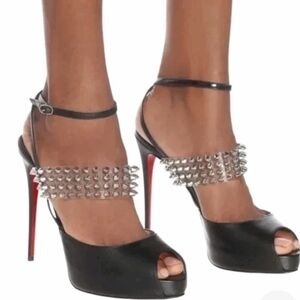 Christian Louboutin Black Leather Silver Spiked Ankle Strap Peep Toe Heels EU 39